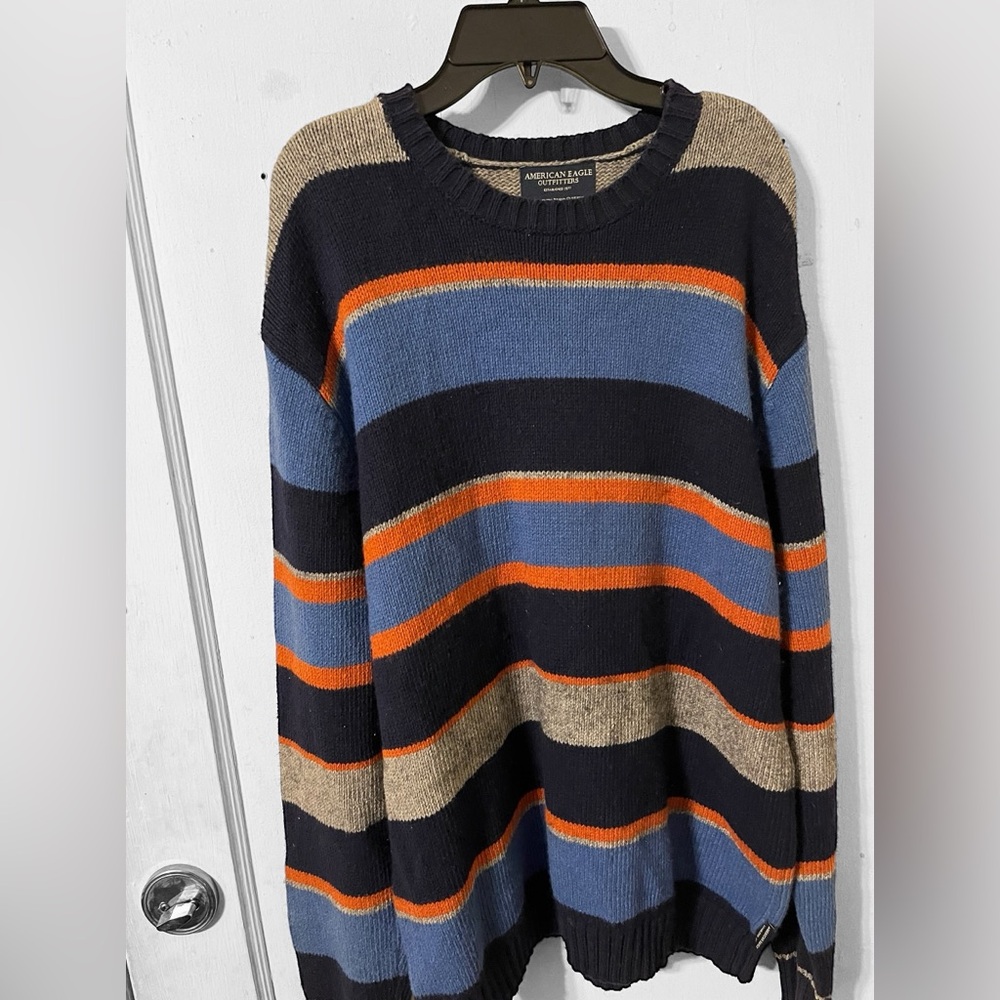American Eagle Mens Sweater Pullover Stripe Blue Orange Gray Wool/Cotton Knit